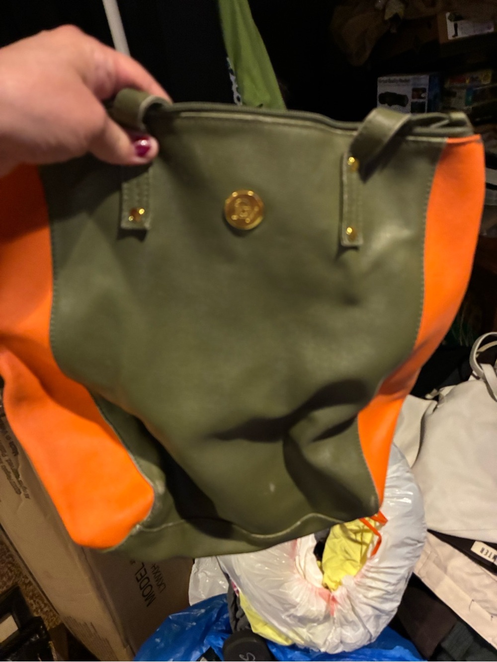 Joy Mangano Olive and Orange Two-Tone Tote with Gold Emblem